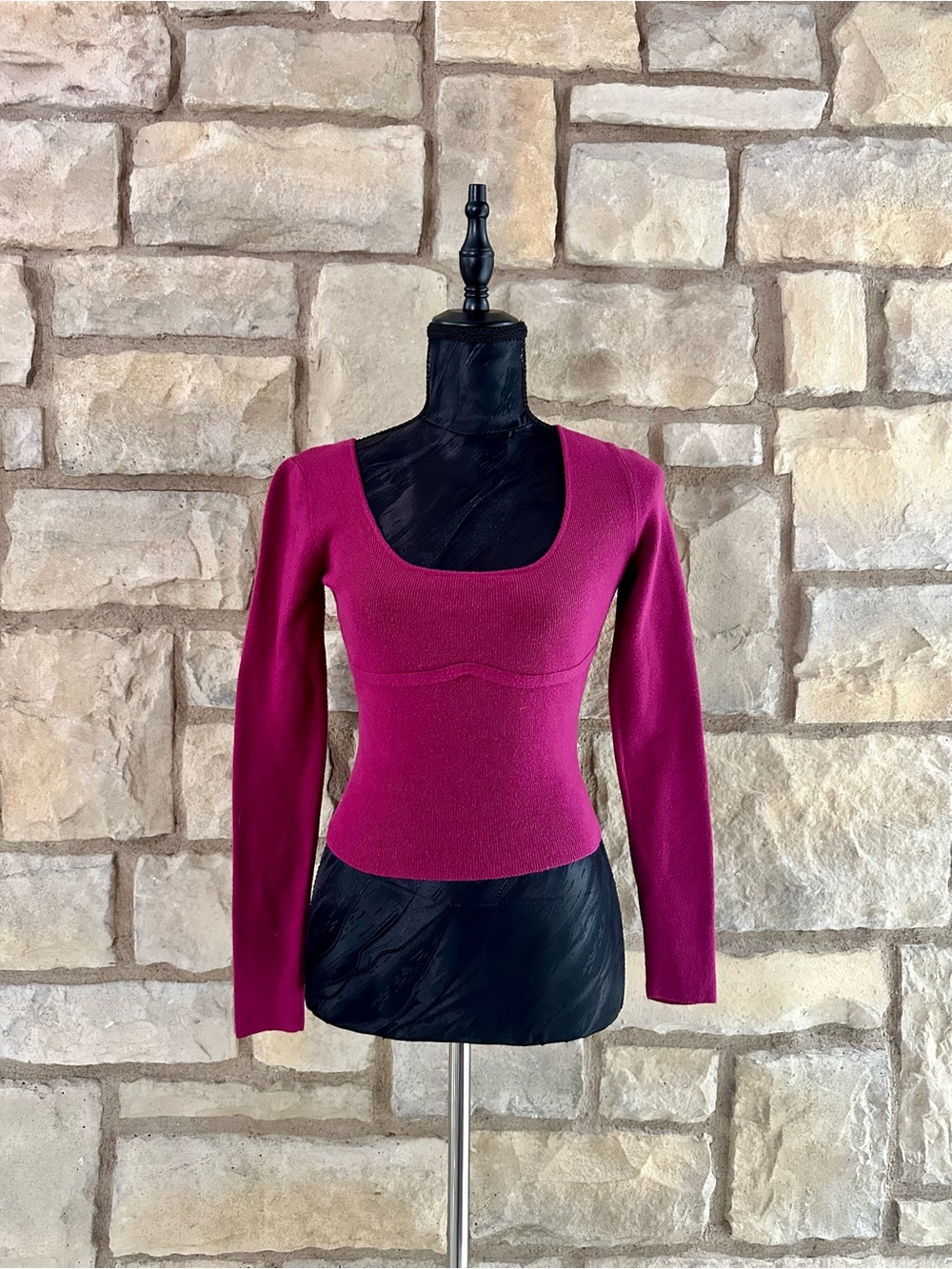 Fitted Scoop Neck Long Sleeve Top in Berry
